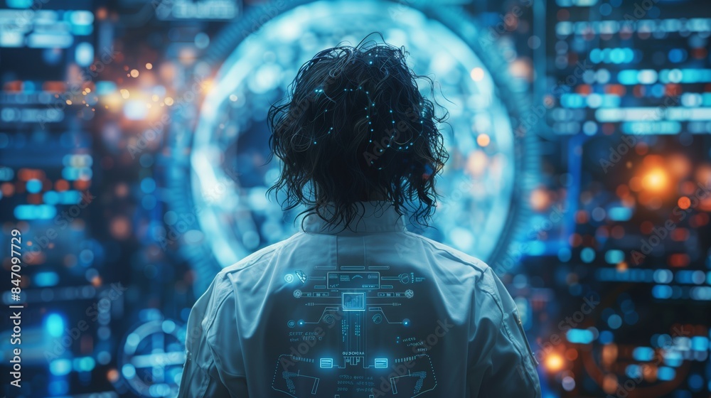 Poster a person stands in a futuristic setting, facing a holographic display, likely participating in a rem