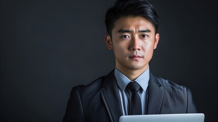 Confident Asian Male Business Executive in Business Suit Holding Laptop