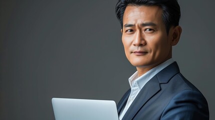 Confident Asian Male Business Executive in Business Suit Holding Laptop