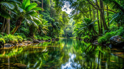 Fototapeta premium A quiet river meandering through a dense tropical rainforest. Digital art ideal for environmental themes, nature projects, ecotourism promotions. 