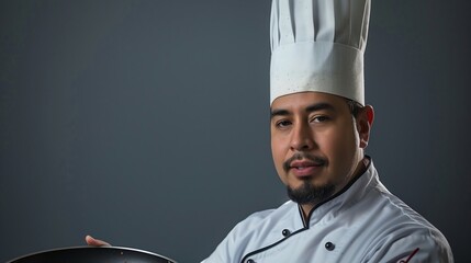 Naklejka premium Hispanic Male Chef Portrait Holding Frying Pan Culinary Professional Concept