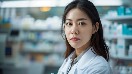 Portrait of Asian Female Pharmacist in Lab Coat with Name Tag