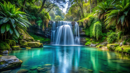 Secluded waterfall, hidden treasure of the rainforest. Digital art is ideal for decorating spas, wellness centers, and as a backdrop for environmental projects.