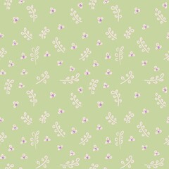 Seamless abstract botanical pattern. Purple flowers and pink leaves on green background. Digital brush strokes. Illustration. Design for textile fabrics, wrapping paper, background, wallpaper, cover.