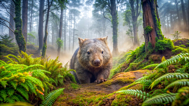 Wombat wanderer. Digital art showcases a wombat in its lush, misty forest habitat. Ideal for environmental campaigns, nature-themed decor and other projects about unique wildlife of Australia. 