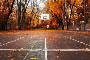 Serene outdoor basketball court surrounded by vibrant fall foliage