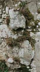 Tree trunk, branch with cracked bark and bright green spots of lichen, creating a contrast against the background of nature.