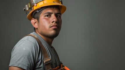 Fototapeta premium Portrait of Hispanic Construction Worker in Hard Hat and Tool Belt