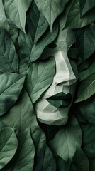 Fototapeta premium face created from green leaves blending into the background. The face looks sculptural and blends harmoniously with natural elements.