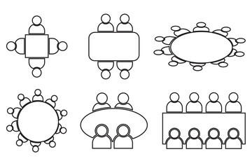 Table Seating Arrangement line Icons, vector, for an Event.  Business people silhouettes, vector. Chair around the table icon, symbol. Office meeting icon, silhouette, vector. Vector illustration