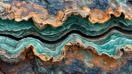 Obraz premium Abstract cut pattern of a mineral or stone with wavy lines and various shades of green, blue, yellow and white.
