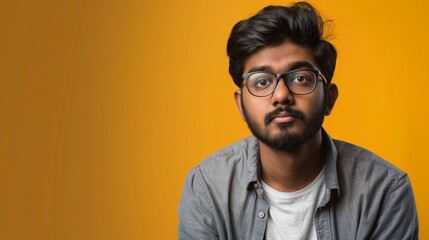 Fototapeta premium Indian Male Software Developer in Casual Clothing and Glasses Looking at Camera