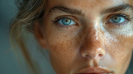 Close Up Portrait of Freckled Woman With Blue Eyes.