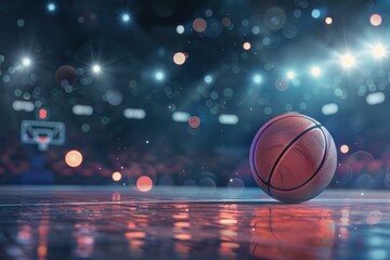 Obraz premium Basketball rests on a glossy court under dazzling arena lights, capturing the game's energy