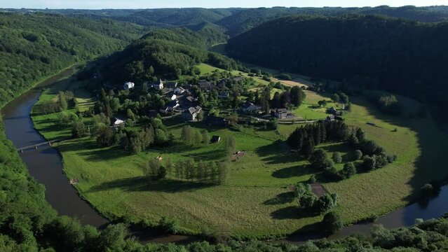 Aerial View of Frahan, Belgian Ardennes: Serene River Valley Lush Meadows