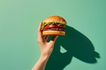 A woman's hand holding a hamburger, green background