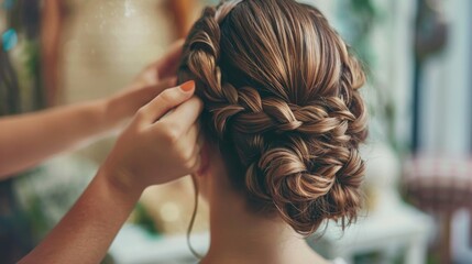A woman is getting her hair braided into an intricate updo by a stylist, likely in preparation for a wedding. The womans hair is brown and wavy, and the stylist is carefully weaving the braid.