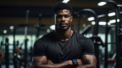 African-american personal trainer guy at a gym. Training services, fitness coaching, gym employee staff, body wellness, physical well-being, active lifestyle.