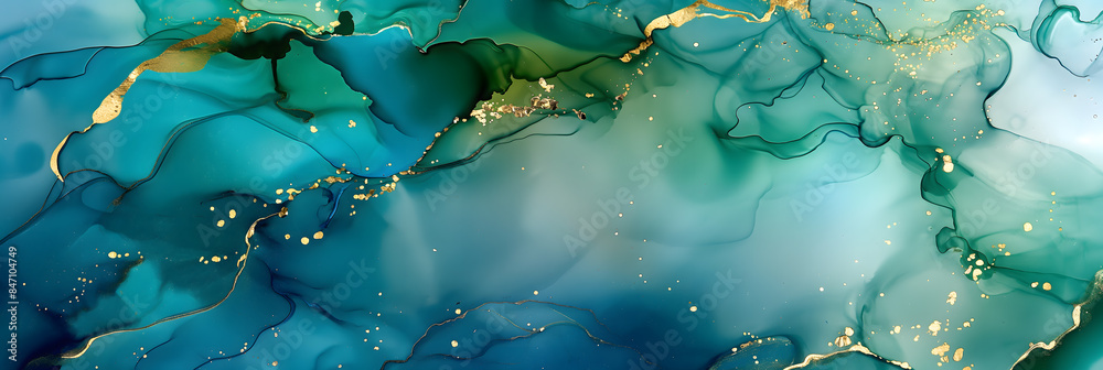 Poster Ethereal Aqua and Gold Abstract Liquid Art for Elegant Backgrounds