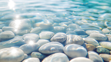 Obraz premium Serene Water Surface with Glistening White Stones and Sunlight