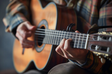 Fototapeta premium Intimate Moment of a Musician Mastering Guitar Chords