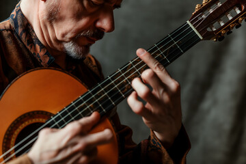 Obraz premium Intimate Moment of a Musician Mastering Guitar Chords
