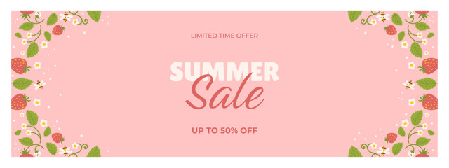 Lively summer sale banner with a pastel pink background, decorated with strawberries, white flowers, green leaves, and buzzing bees. Central text showcases a limited time offer with discounts