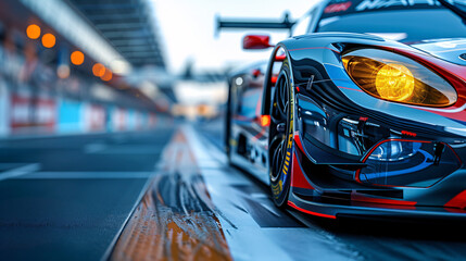 Dynamic Racing Car Close-Up with Copyspace and Blurred Racetrack Background