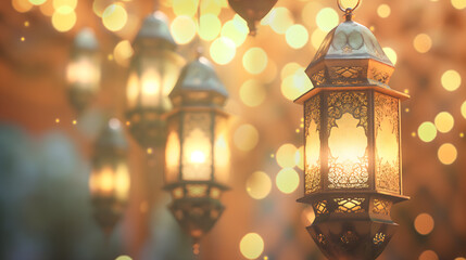 Obraz premium Illuminated Traditional Lantern on a Warm Glowing Background