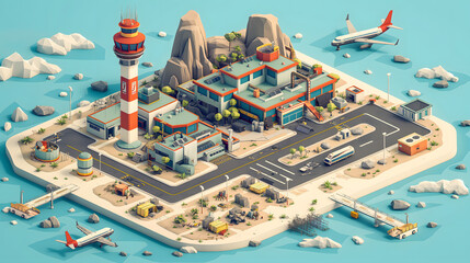 Stylized Isometric Illustration of a Small Island Airport
