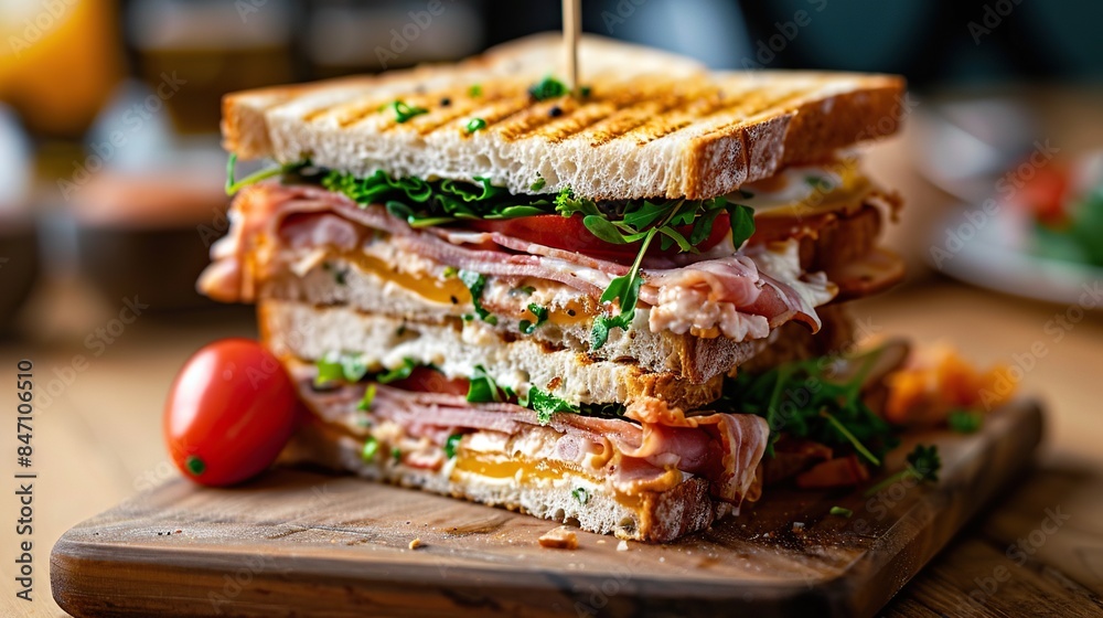 Wall mural Colorful Club Sandwiches with Fresh Ingredients

Description:
Close-up shots of club sandwiches stacked high with fresh ingredients, including cheese, lettuce, tomatoes, and meats