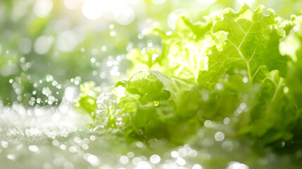 Fresh Lettuce Leaves with Water Droplets in Sunlight