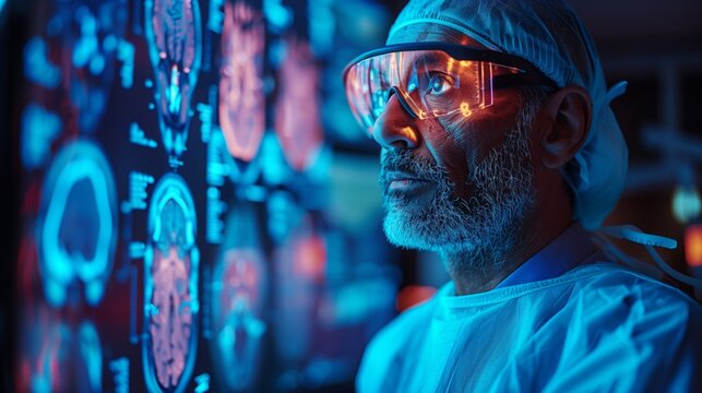 A surgeon wearing a surgical gown and goggles examines holographic imaging during a medical procedure.