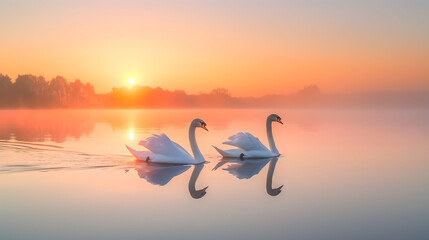 Naklejka premium Serene Sunrise with Swans on a Misty Lake