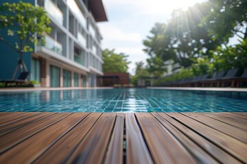 Beautiful minimalist poolside view with a beautiful blue sky, including an empty wooden deck with a swimming pool. Use the color of the vintage filter.