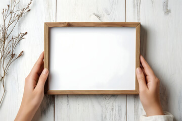 Hands Holding a Blank Wooden Frame on a Rustic White Background