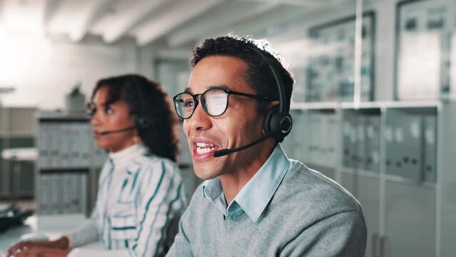 Call center, customer support and man consultant in office with crm communication for online. Contact us, headset and male technical service, telemarketing or sales agent working on hotline.