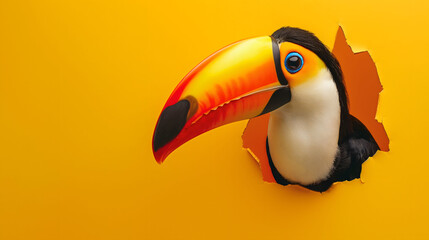 Naklejka premium Vibrant Toucan Peeking Through A Torn Yellow Paper Background