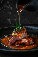 upscale, pricey dishware; dark-black, gourmet supper chef