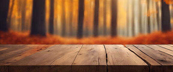 Rustic Wooden Platform in Sunlit Autumn Forest - Generative AI