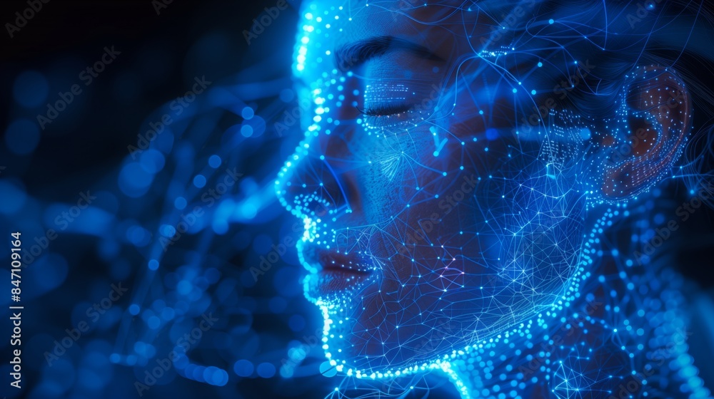 Poster a close-up of a holographic representation of a human face, illustrating a futuristic approach to au