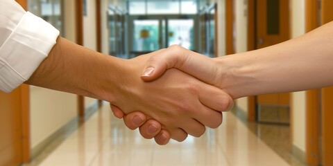 A firm handshake between two people signifies agreement or greeting in a professional hallway backdrop