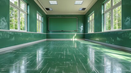 3d rendering of empty school classroom, educational concept in cartoon style illustration