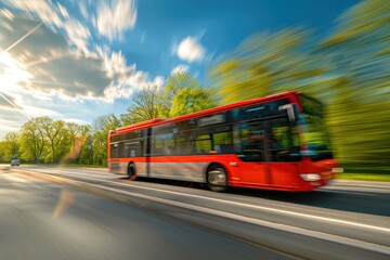Red Bus Speeding Through a Sunny Landscape