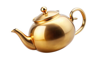 Gold teapot. This image shows a shiny gold teapot with a handle and spout, isolated on transparent background, png.