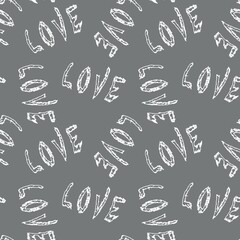 Seamless abstract pattern with white hearts. Grey, white. Illustration. Valentine's Day. Brush strokes lines. Designs for textile fabrics, wrapping paper, background, wallpaper, cover.