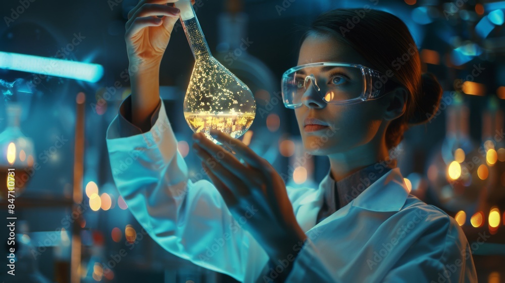 Aufkleber a female scientist in a lab coat examines a flask filled with a glowing yellow liquid. she wears saf