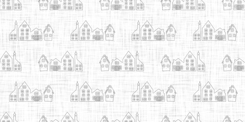 White neutral minimal house motif with Linen effect texture for baby nursery seamless background. Modern muted simple soft motif pattern for wallpaper , home decor white gray design. 