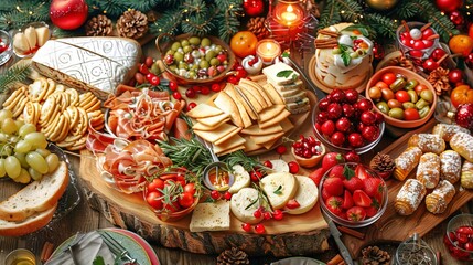 Fototapeta premium Christmas Dinner table full of dishes with food and snacks, New Year's decor with a Christmas tree on the background