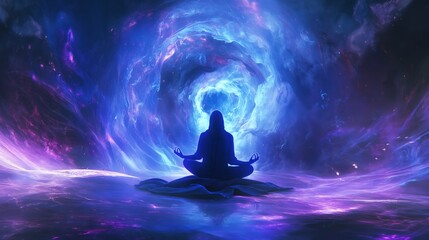 Digital art depicting a yogi meditating in a cosmic landscape, surrounded by vibrant energy waves